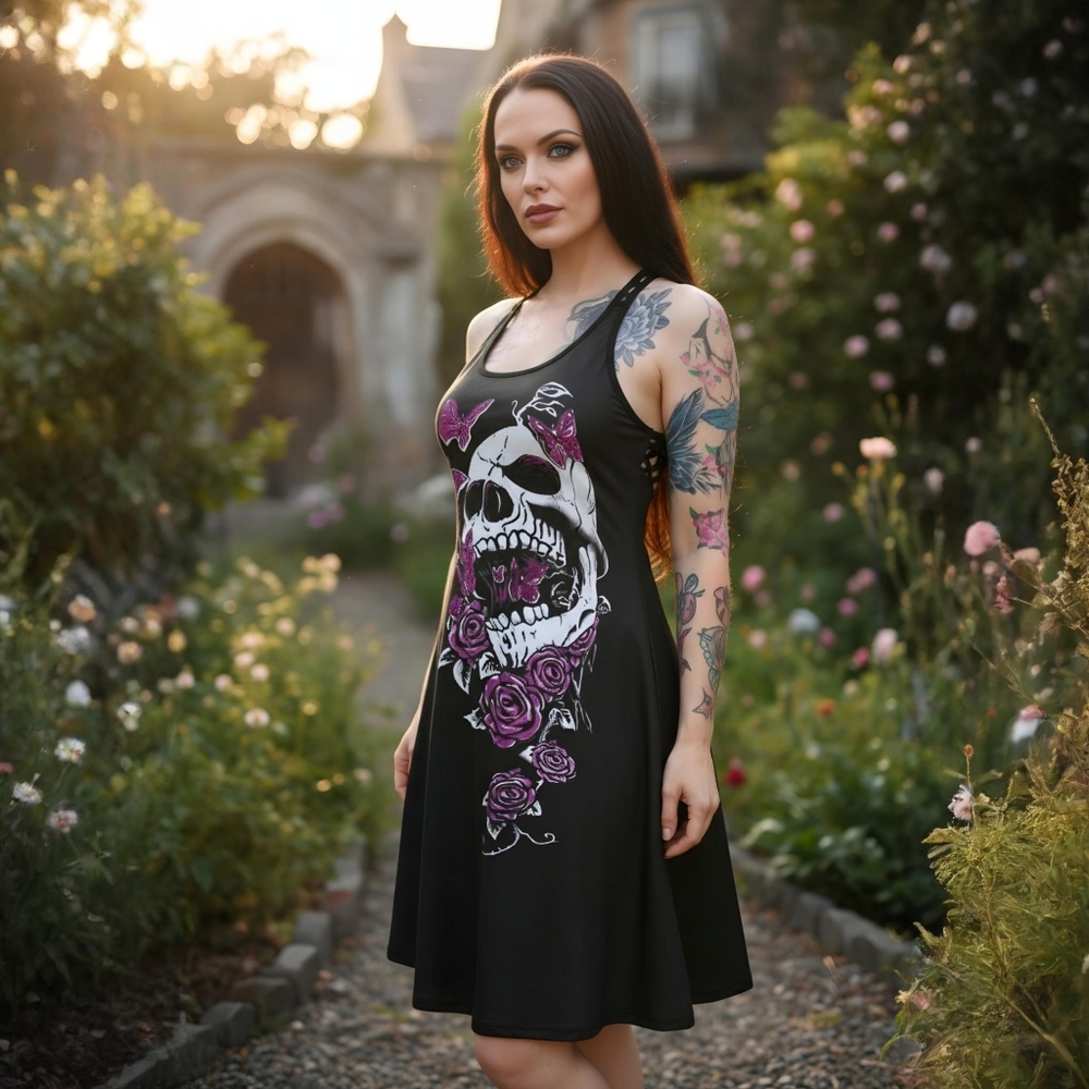 Skull & Rose ✦ Gothic Mini Dress ✦ Cross-Back Straps Purple Graphic S NWT